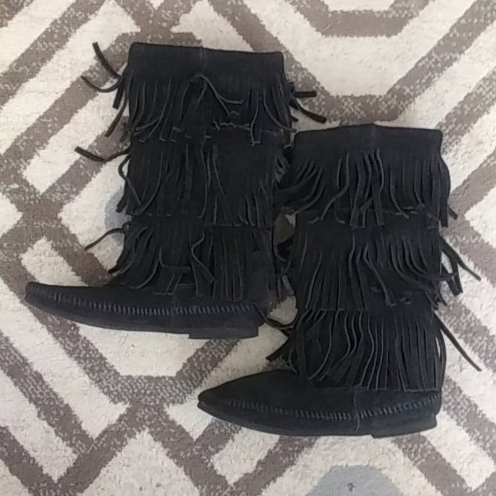 Minnetonka Black 3-Layer Fringe Moccasin Boots